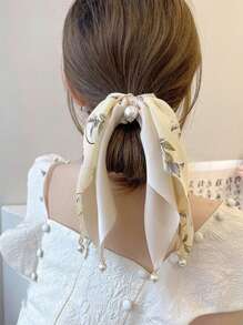 印花人造珍珠裝飾髮圈 - 米色 - 查看 1