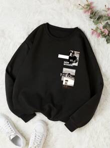 SHEIN EZwear Letter & Dog Print Thermal Lined Sweatshirt Graduation,Back To School Outfits,Graduation,Teacher Outfits For Women,Back To School Pullover Fall Outfit