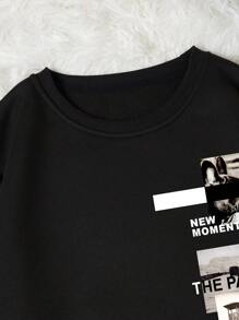 SHEIN EZwear 字母和小狗印花加絨內裏運動衫