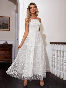 Simplee 花卉刺繡網紗覆蓋吊帶連衣裙 - 白色 - 查看 1