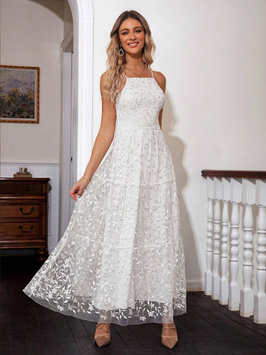 Simplee 花卉刺繡網紗覆蓋吊帶連衣裙 - 白色 - 查看 1