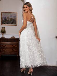 Simplee 花卉刺繡網紗覆蓋吊帶連衣裙 - 白色 - 查看 2