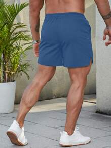 Manfinity Homme Quần Short Nam Dây kéo Túi Chia màu trơn Giải trí - Màu xanh lam - Xem 3