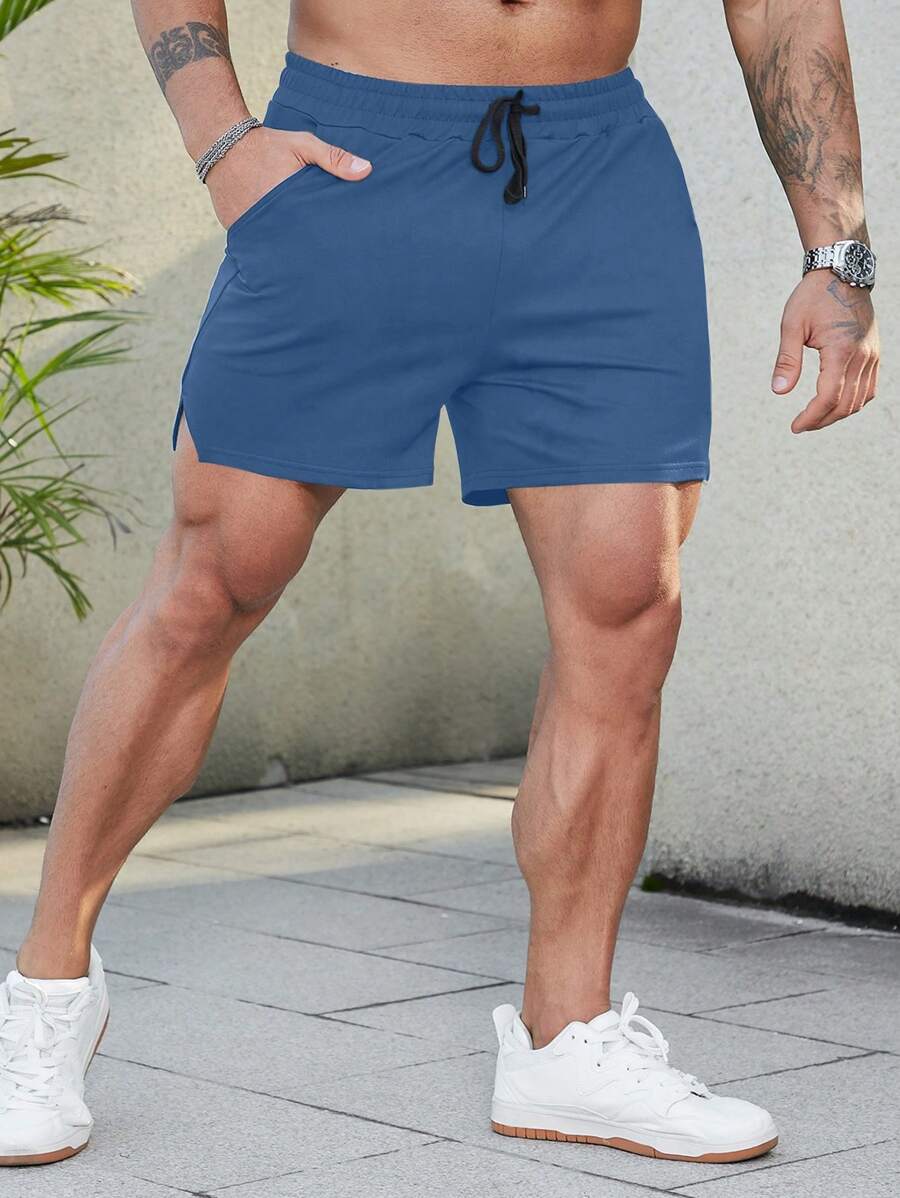 Manfinity Homme Quần Short Nam Dây kéo Túi Chia màu trơn Giải trí - Màu xanh lam - Xem 1