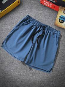 Manfinity Homme Quần Short Nam Dây kéo Túi Chia màu trơn Giải trí - Màu xanh lam - Xem 7