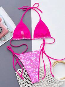 Floral Print Halter Triangle Bikini Set - Pink - View 2
