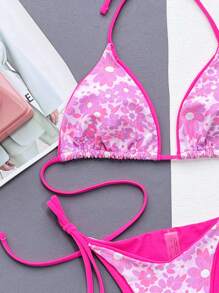 Floral Print Halter Triangle Bikini Set - Pink - View 3