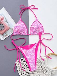 Floral Print Halter Triangle Bikini Set - Pink - View 4