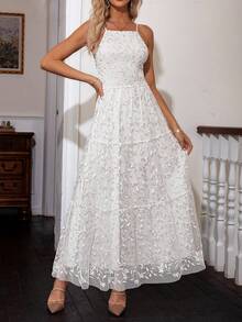 Simplee 花卉刺繡網紗覆蓋吊帶連衣裙 - 白色 - 查看 6