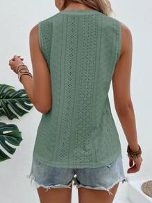 SHEIN LUNE Solid Eyelet Embroidery Tank Top - Green - View 2