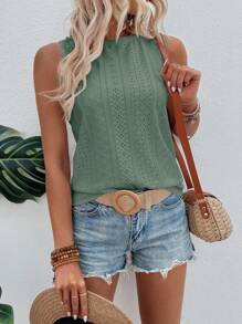 SHEIN LUNE Solid Eyelet Embroidery Tank Top - Green - View 4