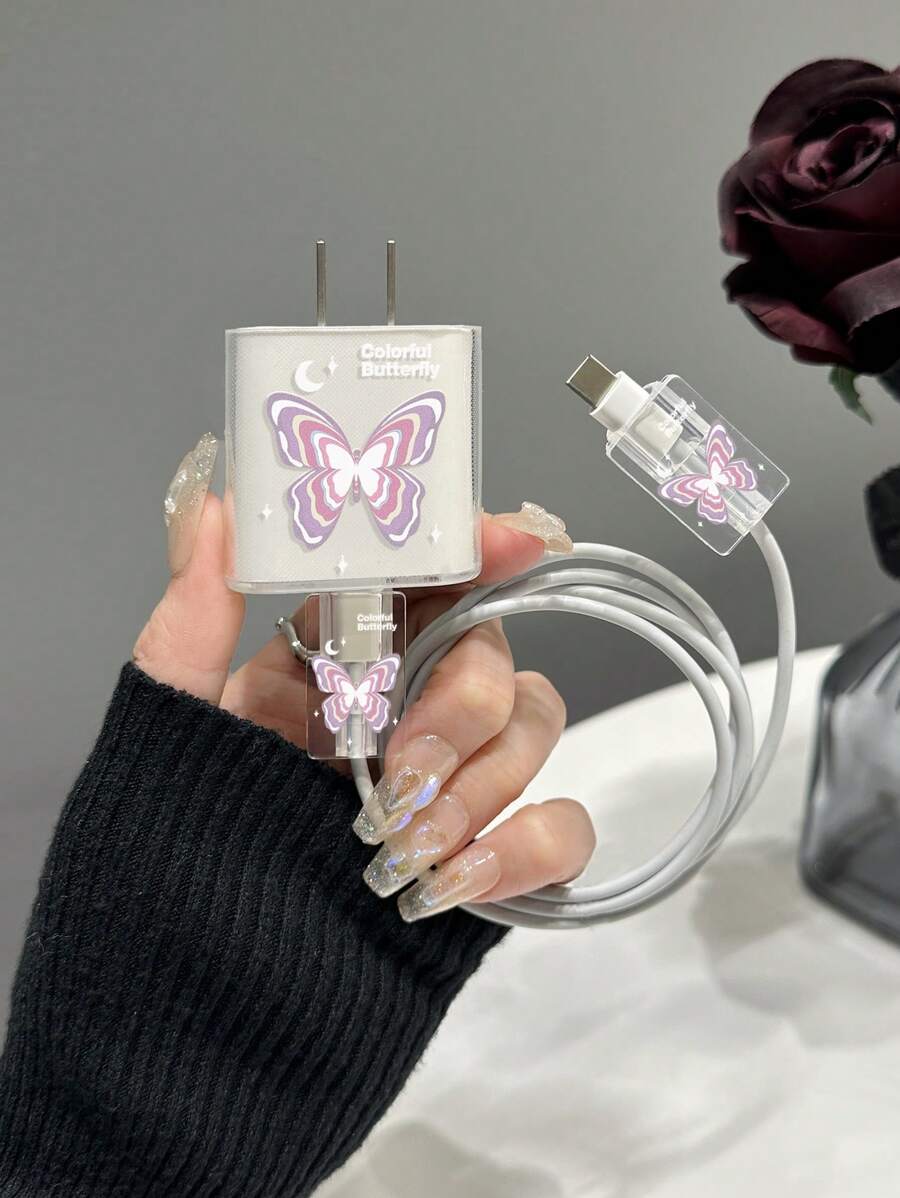 3入組蝴蝶樣式數據線保護頭和充電頭保護適用於20瓦iPhone充電頭 - 彩色 - 查看 1