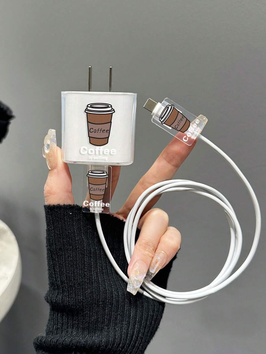 Bộ 3 nắp đậy đầu sạc & bảo vệ cáp dữ liệu họa tiết cà phê, tương thích với đầu sạc iPhone 20W - Nhiều màu - Xem 1