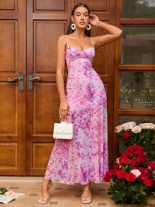 PARTHEA Tie Dye Ruched Bust Mesh Cami Dress - Pink - View 1