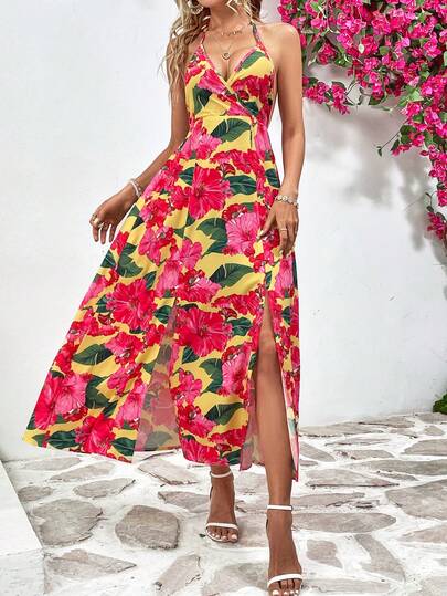 SHEIN VCAY Tropical Print Split Thigh Halter Dress