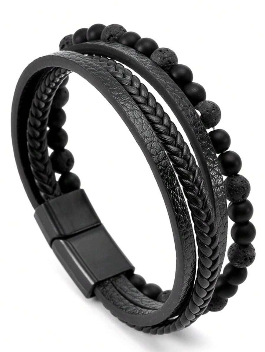 1 PC Thời Trang PU Polyurethane Bện Chi Tiết Vòng Tay Nhiều Lớp Cho Nam Trang Trí Hàng Ngày - Nhiều màu - Xem 1