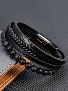 1 PC Thời Trang PU Polyurethane Bện Chi Tiết Vòng Tay Nhiều Lớp Cho Nam Trang Trí Hàng Ngày - Nhiều màu - Xem 2