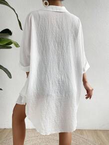 SHEIN Swim Solid Button Front Drop Shoulder Kimono,Summer Beach - White - View 2