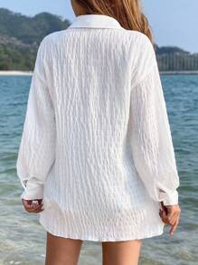 Swim Vcay 素色落肩袖前紐扣和服罩衫 - 白色 - 查看 2