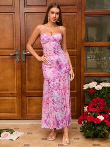 PARTHEA Tie Dye Ruched Bust Mesh Cami Dress - Pink - View 5