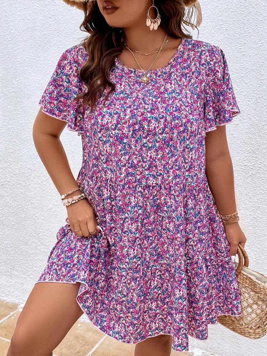 SHEIN Holidaya Đầm Plus Size Viên lá sen Họa tiết hoa Dễ thương - Nhiều màu - Xem 1