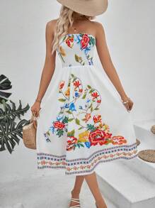 SHEIN VCAY 印花抹胸連衣裙 - 白色 - 查看 4