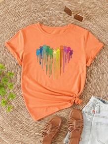 SHEIN LUNE Paint Drip Print Tee - Orange - View 1