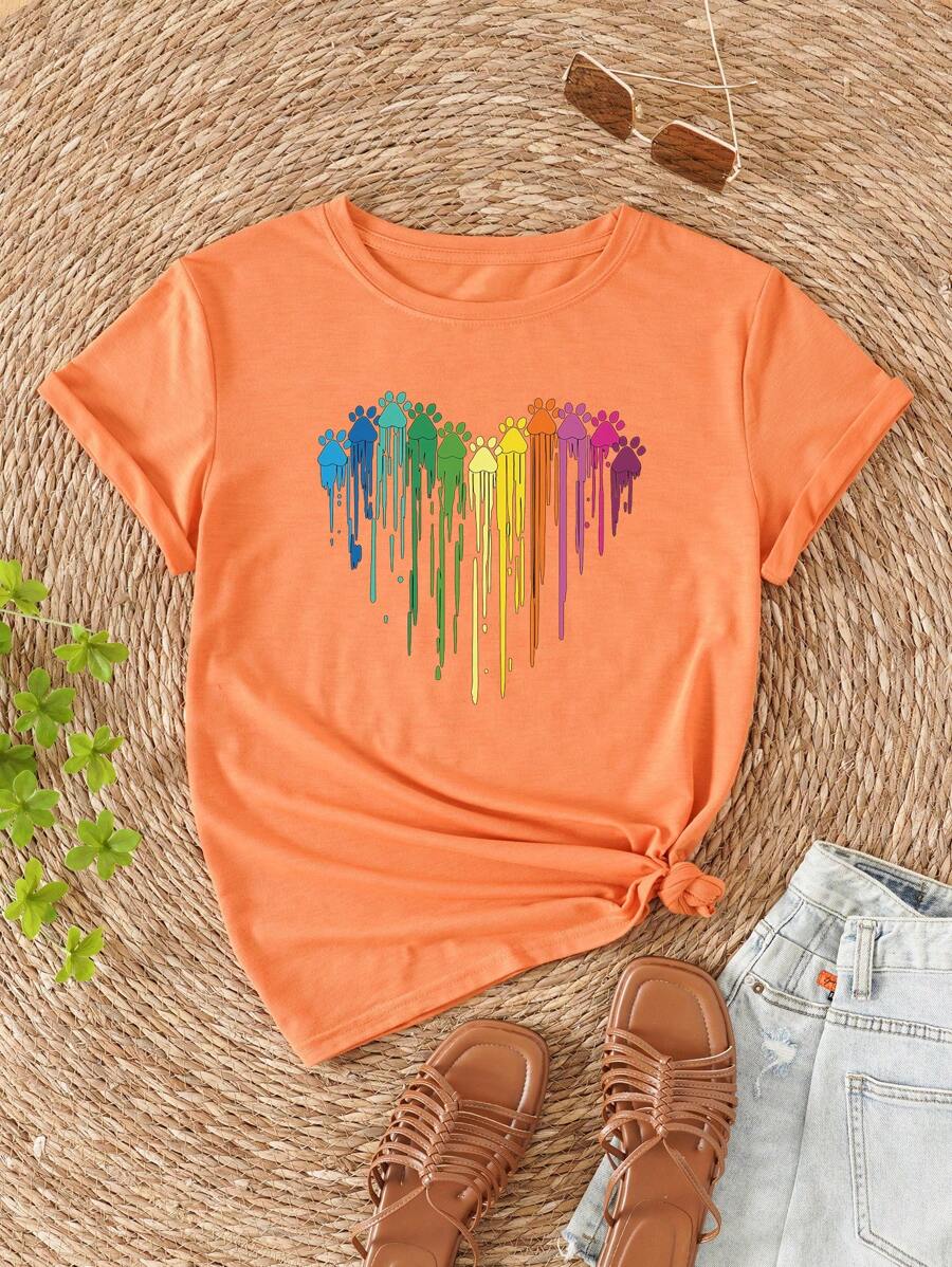 SHEIN LUNE Paint Drip Print Tee - Orange - View 1