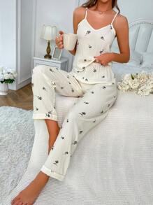 印花吊帶上衣和褲子睡衣套裝 - 米色 - 查看 4