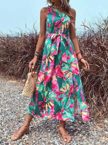 SHEIN VCAY Đầm Thắt lưng Tách cao Hoa Boho - Nhiều màu - Xem 2