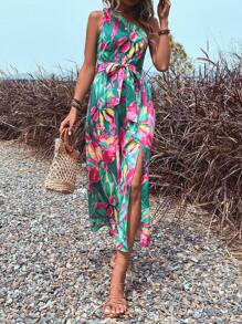 SHEIN VCAY Đầm Thắt lưng Tách cao Hoa Boho - Nhiều màu - Xem 4