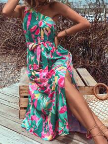 SHEIN VCAY Đầm Thắt lưng Tách cao Hoa Boho - Nhiều màu - Xem 1