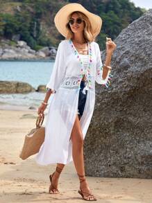 SHEIN Swim Summer Beach Contrast Crochet Tassel Trim Kimono - White - View 3