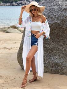 SHEIN Swim Summer Beach Contrast Crochet Tassel Trim Kimono - White - View 6