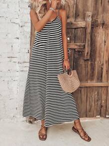 Breezaya Striped Print Cami Dress - Black and White - View 1