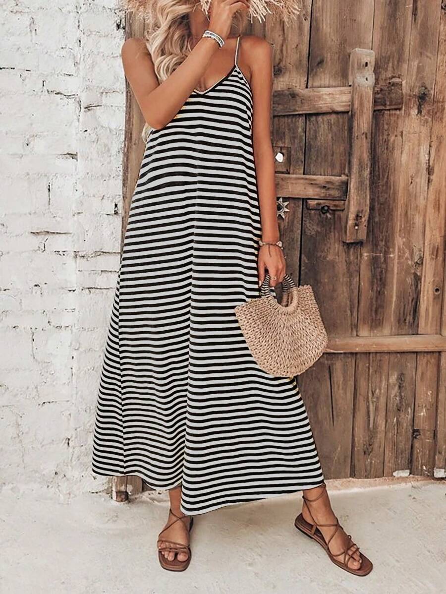 Breezaya Striped Print Cami Dress - Black and White - View 1