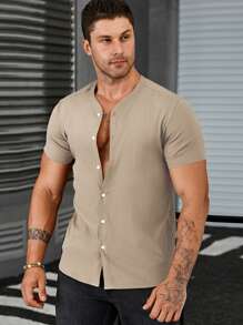 Manfinity Homme Men Solid Button Up Shirt - Khaki - View 2