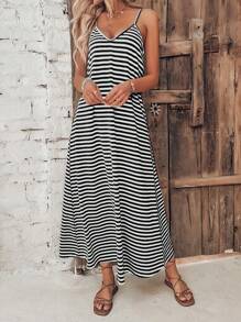Breezaya Striped Print Cami Dress - Black and White - View 3
