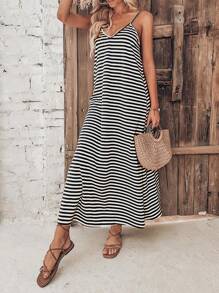 Breezaya Striped Print Cami Dress - Black and White - View 4