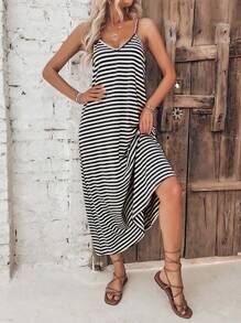 Breezaya Striped Print Cami Dress - Black and White - View 5