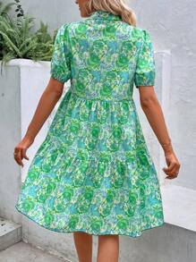 Breezaya Robe avec imprimé tout-sur-tout, manches bouffantes à boutons, volants à l'ourlet. Tenues de vacances à la plage pour femmes - Vert - Voir 2