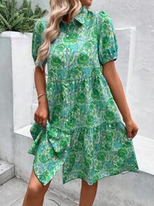 Breezaya Robe avec imprimé tout-sur-tout, manches bouffantes à boutons, volants à l'ourlet. Tenues de vacances à la plage pour femmes - Vert - Voir 3