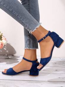 女士極簡粗跟踝帶時尚夏天仿麂皮高跟涼鞋 - 藍色 - 查看 1