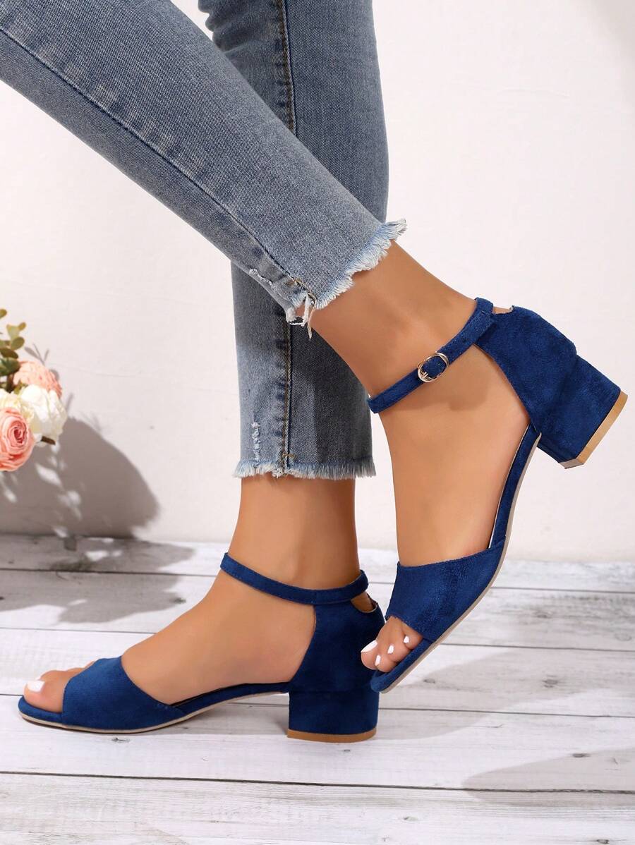 女士極簡粗跟踝帶時尚夏天仿麂皮高跟涼鞋 - 藍色 - 查看 1