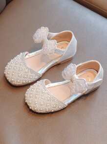 女孩人造珍珠和蝴蝶結裝飾踝帶公主戶外平底鞋