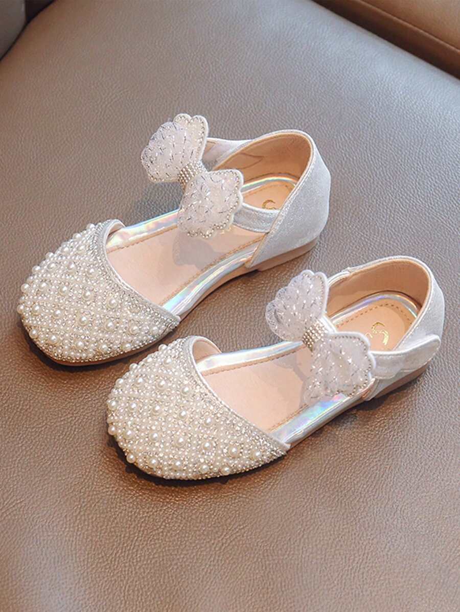 女孩人造珍珠和蝴蝶結裝飾踝帶公主戶外平底鞋