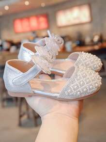女孩人造珍珠和蝴蝶結裝飾踝帶公主戶外平底鞋