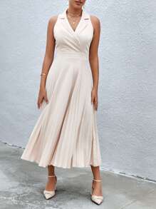 Aveloria Lapel Neck Pleated Hem Dress Workwear