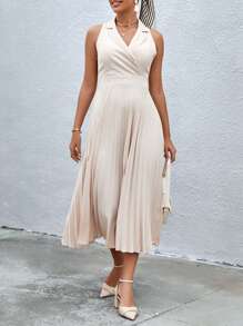 Aveloria Lapel Neck Pleated Hem Dress Workwear