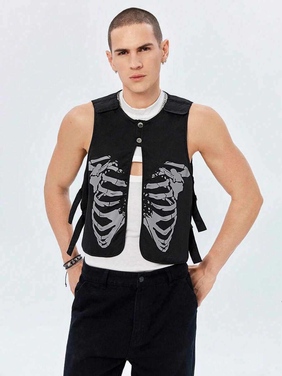 ROMWE MEN ROMWE Avant Hombres Top tank estampado de esqueleto con diseño de hebilla - Negro - Ver 1